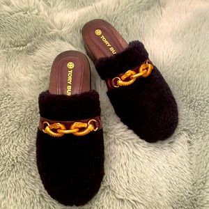 Tory Burch Black and Gold Mules